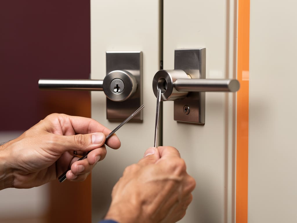 Tecnico che controlla con cura la serratura di una porta moderna